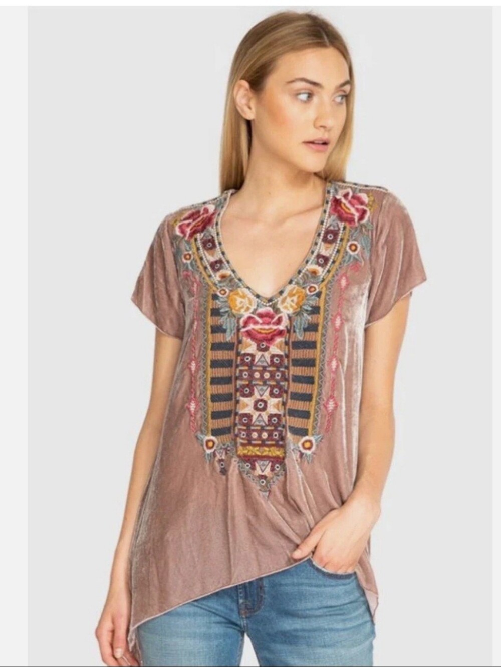Johnny Was Cherelle Velvet Embroidered Draped Tunic